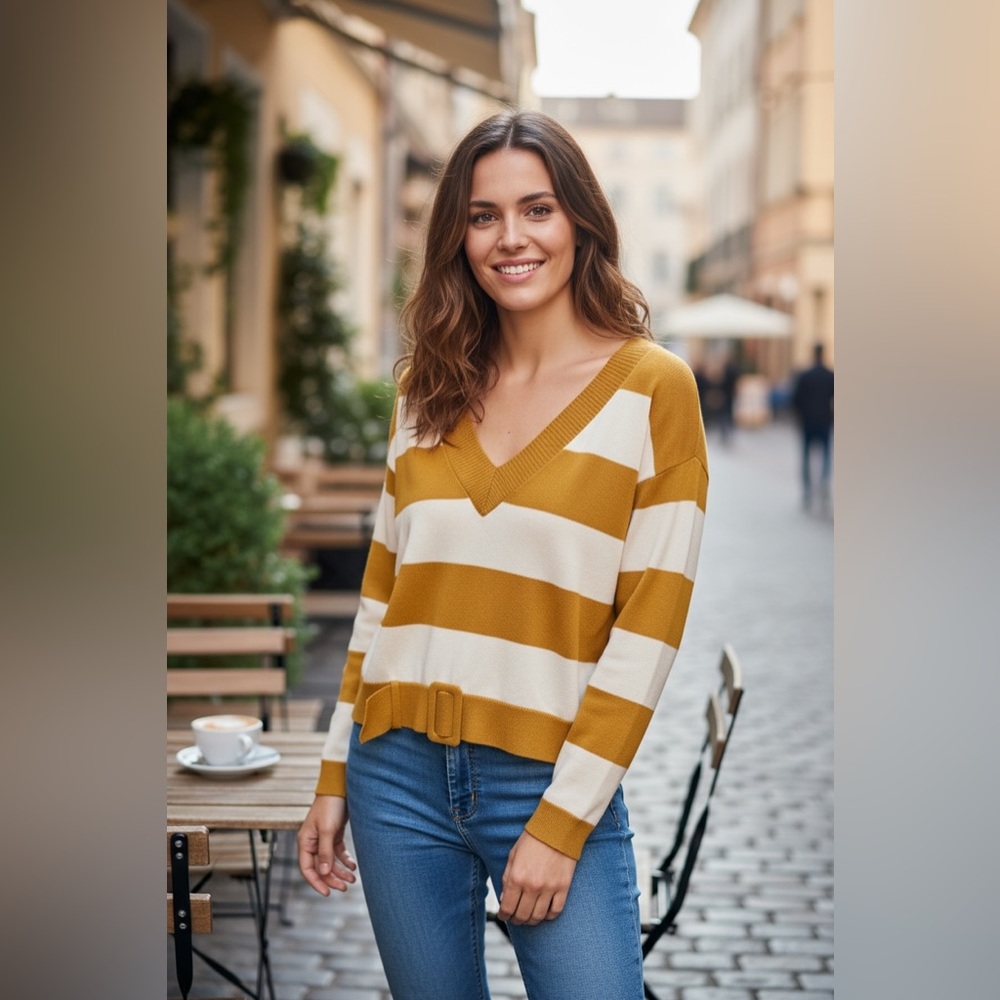 NWT Eva Mendes & NY&C Lucia Mustard/Yellow V-neck Striped Sweater Size Large